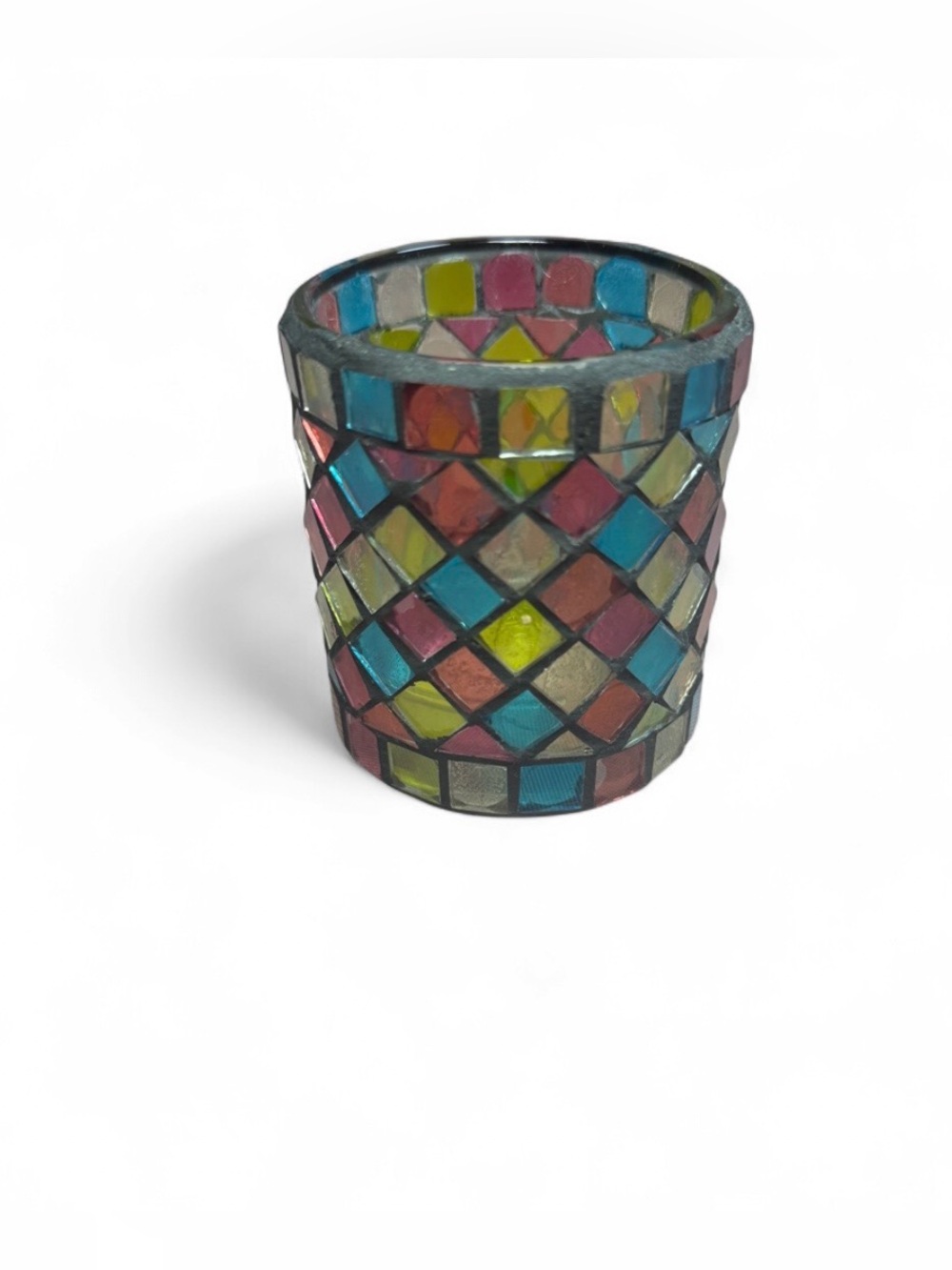 Multicolor Mosaic Glass Tea Light Holder Round Glossy Freestanding 3 in
